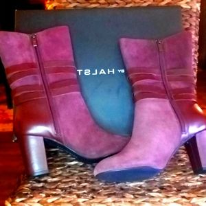 Suede and leather wine H by Halston heeled boots